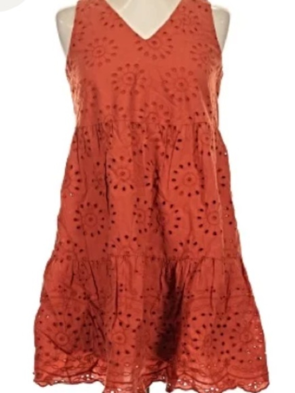 LOFT Orange Terracotta Rust Eyelet V-Neck Tiered Mini Dress - Picture 6 of 7